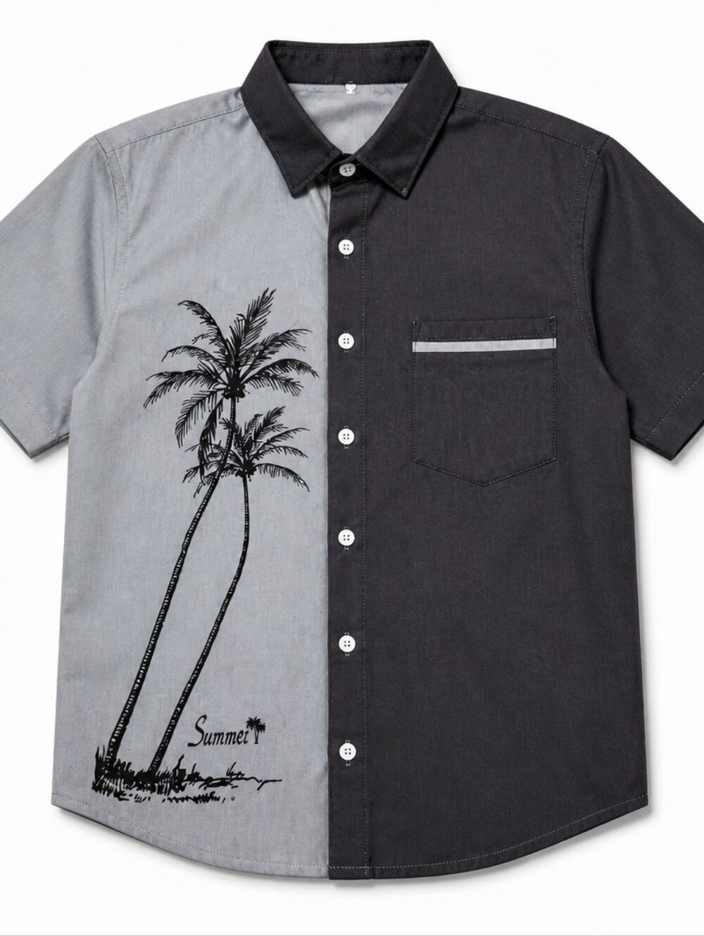 Men's Two-Tone Palm Print Short-Sleeve Shirt - Black/Gray  4XL